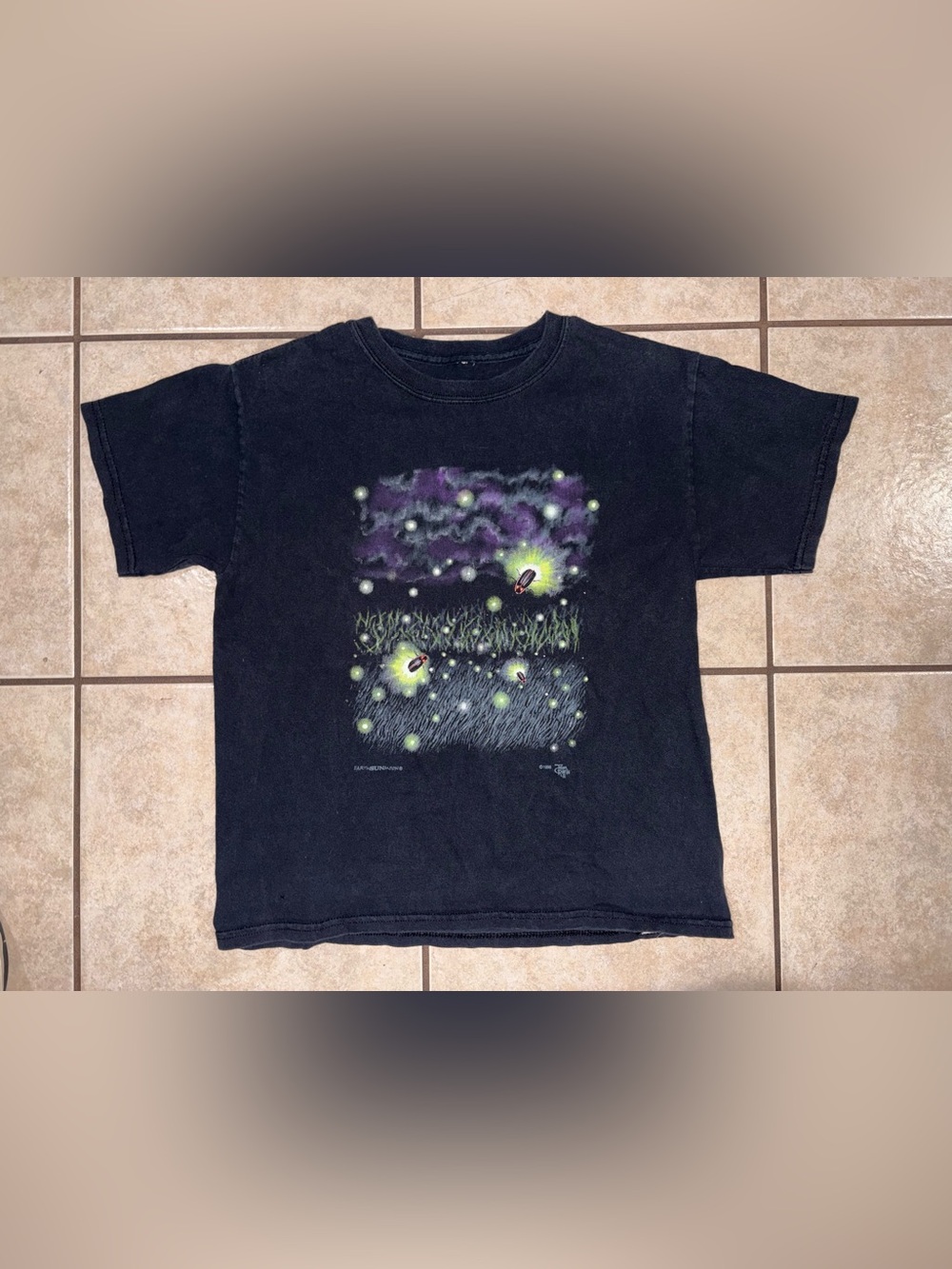 1998 Kids Black Graphic Tee with Neon Firefly Print